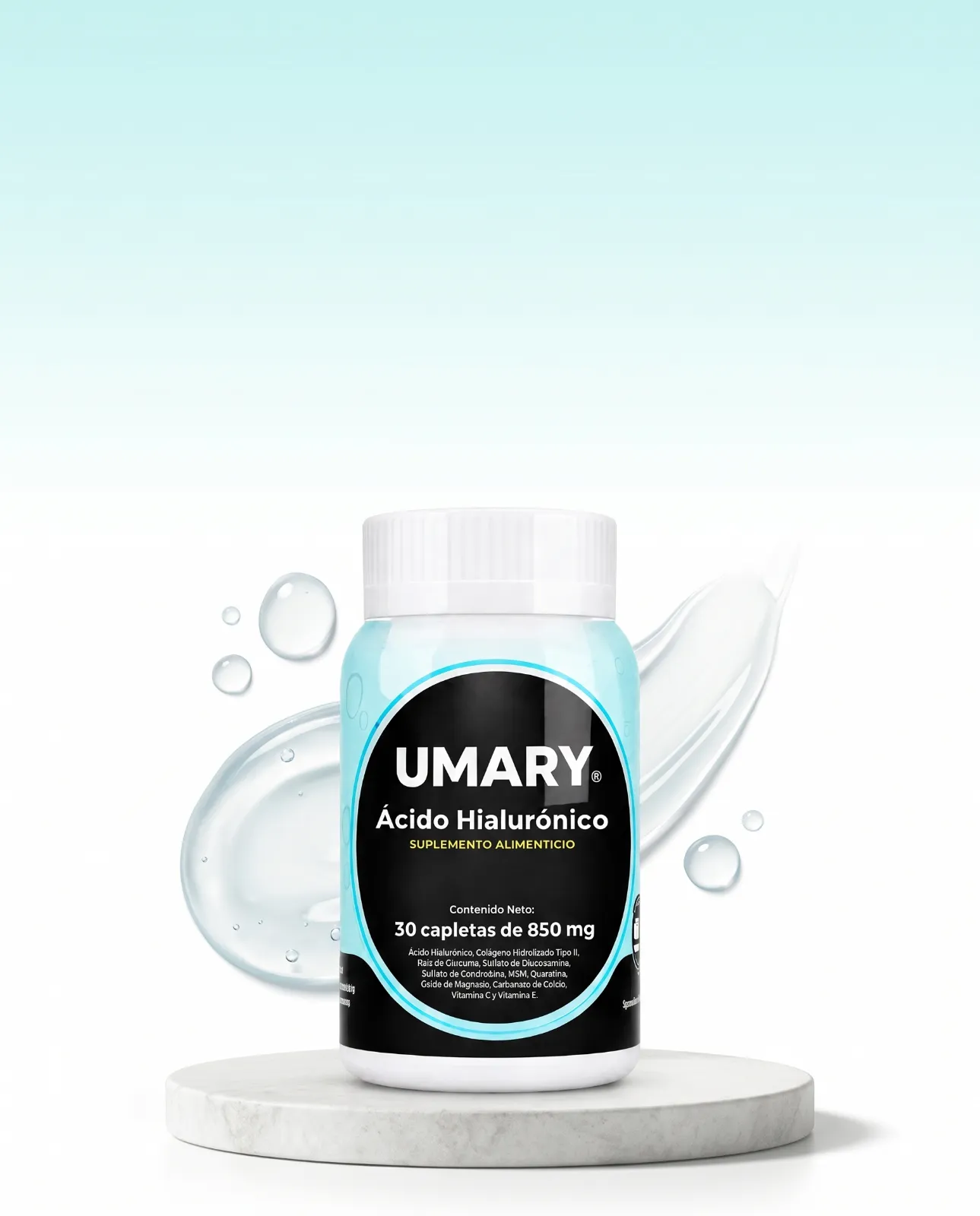 UMARY Hyaluronic Acid bottle on a light studio pedestal