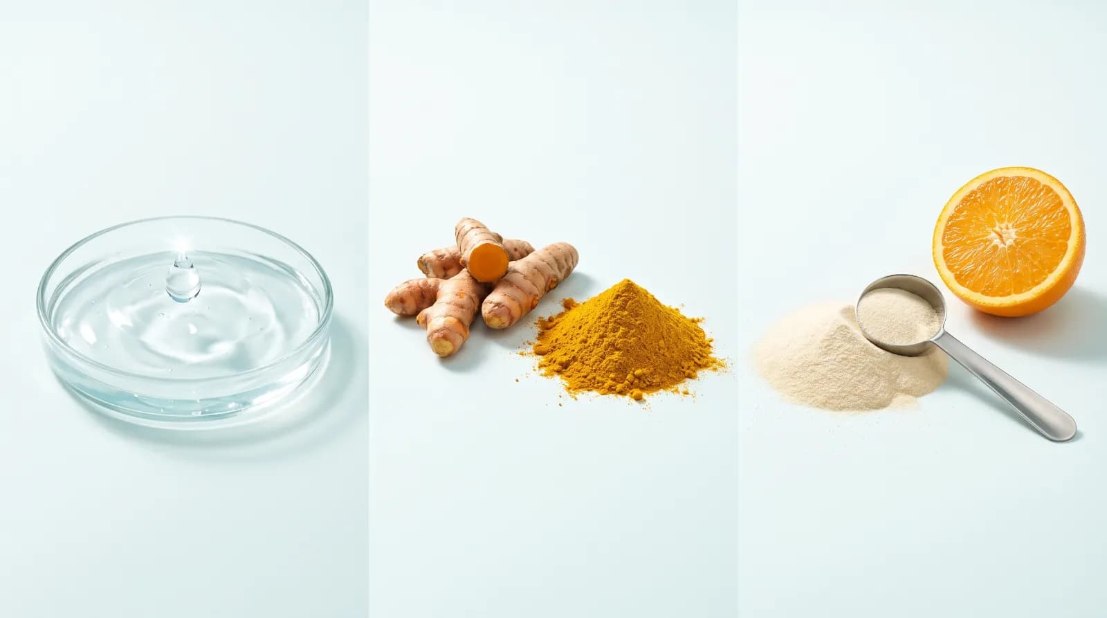 Hyaluronic serum, turmeric root and powder, and collagen powder with an orange, photographed on a pale blue studio surface