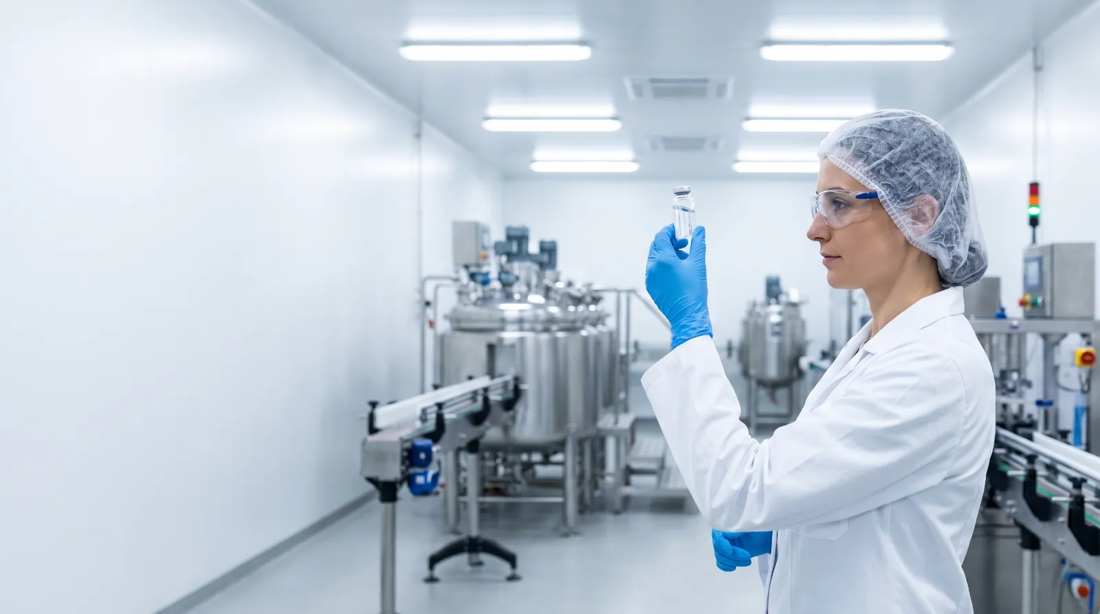 Technician inspecting a vial in a supplement production facility