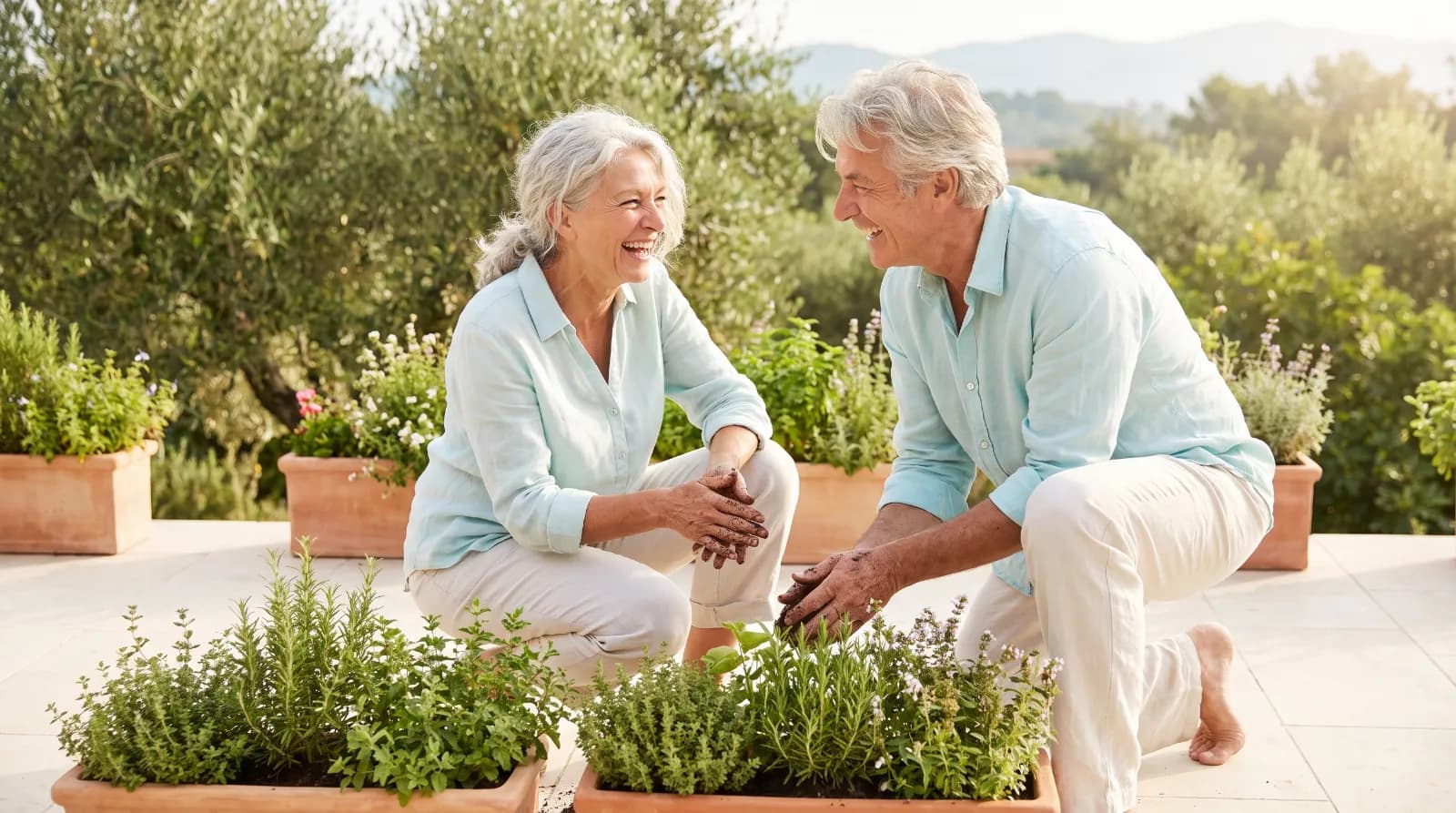 Smiling couple tending potted herbs on a sunny terrace